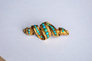 Mid Victorian 15k 1.95 CTW Turquoise Brooch with Hand-Chased, Dimensional Faux Bois and Ribbon Motif