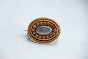 Georgian 10k Rose Gold 0.32 CTW Coral Mourning Fichu Pin with Plaited Brunette Hair Locket