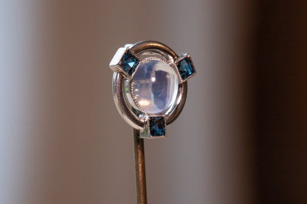 1910s Arts and Crafts Platinum & 14k 1.30 CTW Moonstone & Sapphire Concentric Stick Pin by Hans Brassler