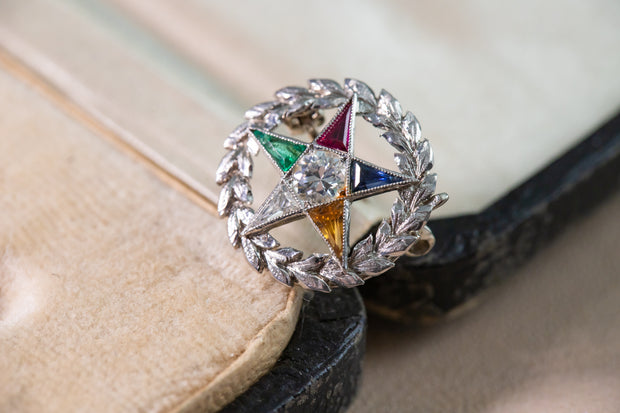 1930s Art Deco Platinum 0.59 CTW Transitional Cut Diamond & Gemstone Order of the Eastern Star Pin