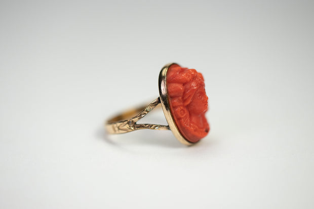Victorian 13k 10.98 CT Coral Bacchante Hand Carved High Relief Cameo in Closed Back Bezel with Split Shank Etched Band