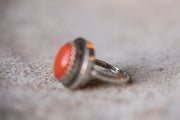 1870s 5.17 CT Coral Cabochon Gothic Revival Ring with Coin Silver Crown Prong Setting