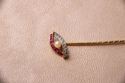 1900s 18k & Platinum 0.38 CTW Carré Cut Ruby, Rose Cut Diamond and Button Pearl Evil Eye Stick Pin