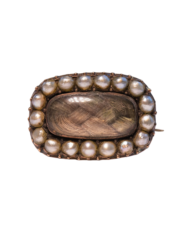 Georgian 12k+ Rose Gold 0.65 CTW Pearl Mourning Fichu Pin with Plaited Hair Compartment
