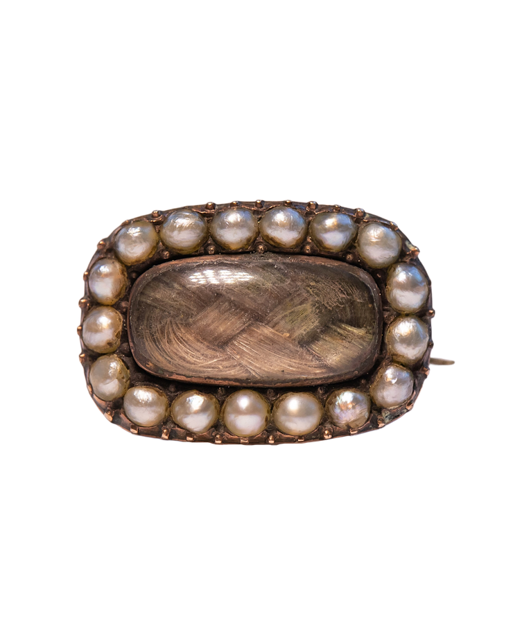 Georgian 12k+ Rose Gold 0.65 CTW Pearl Mourning Fichu Pin with Plaited Hair Compartment