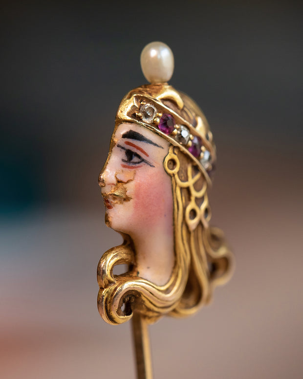 Art Nouveau 14k 0.22 CTW Diamond, Ruby & Pearl Crowned Lady Enamel Stick Pin in the Style of Alphonse Mucha