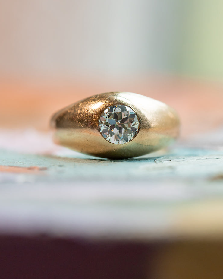 1900s 14k 0.91 CT VS1 Old European Cut Diamond Burnish Set Gypsy Ring