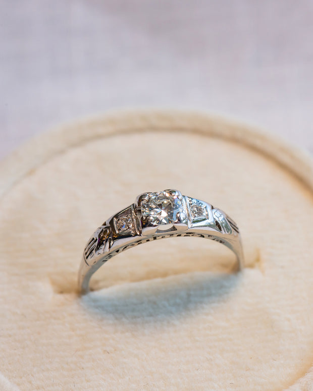 1930s Art Moderne 18k 0.44 CTW Transitional Cut Diamond Engagement Ring with Pierced Details