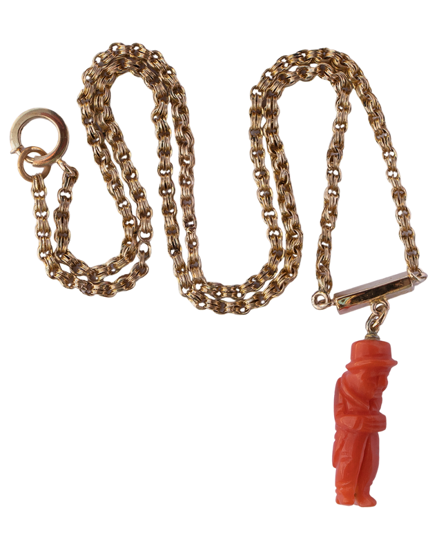 Victorian 18k Yellow Gold Fancy Link Belcher Necklace with 9.73 CT Coral Gobbo Pendant