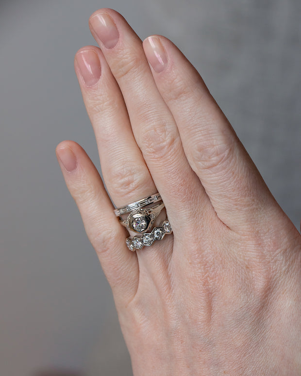 1930s 14k 0.50 CTW Transitional Cut Diamond Three Stone Floral Filigree Engagement Ring