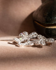 Edwardian Silver & 10k+ White Gold 2.66 CTW Old Mine Cut Diamond Double Shamrock Brooch