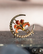 1900s 14k 0.48 CTW Old Mine Diamond & Pearl Crescent Moon Watch Pin with Enameled Iris Flower
