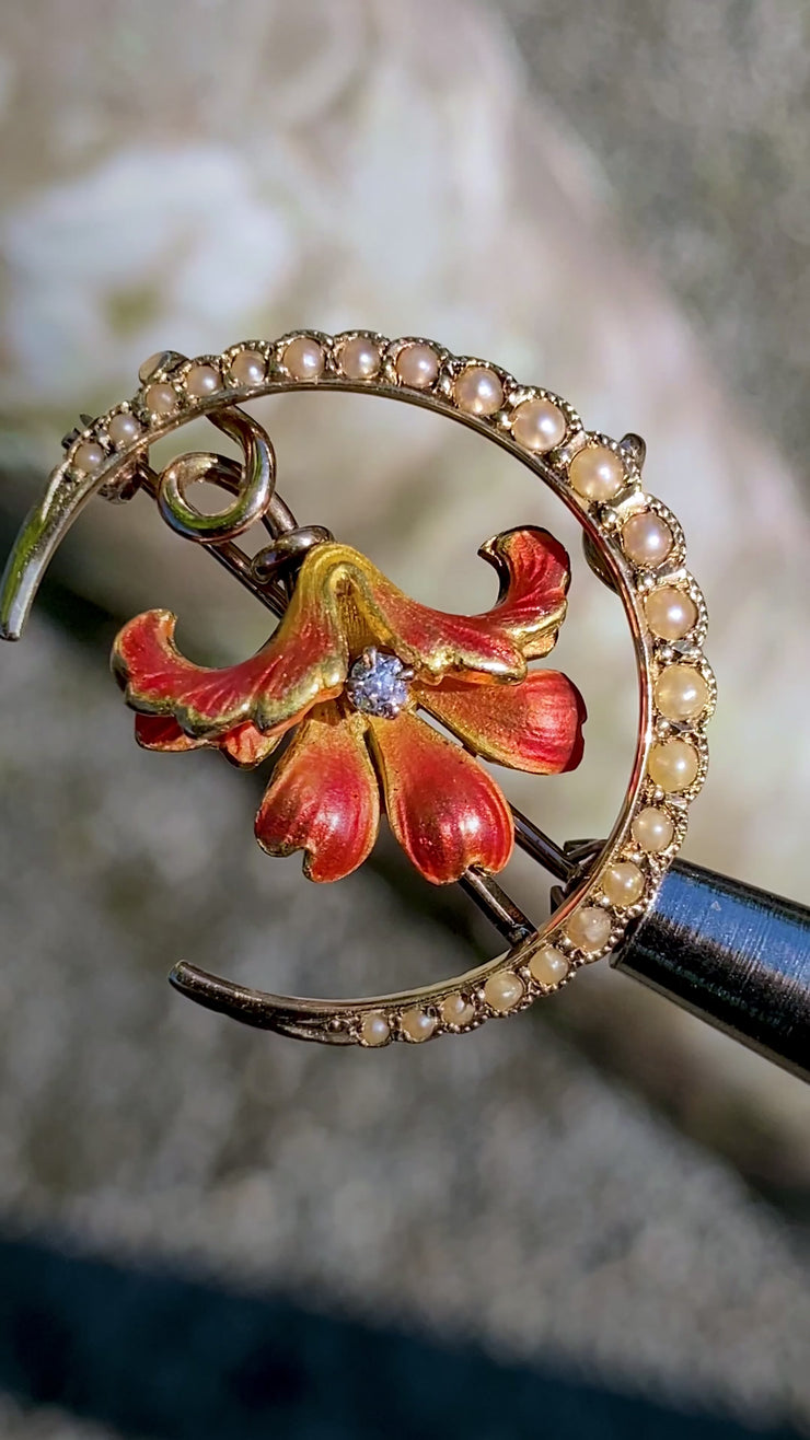1900s 14k 0.48 CTW Old Mine Diamond & Pearl Crescent Moon Watch Pin with Enameled Iris Flower