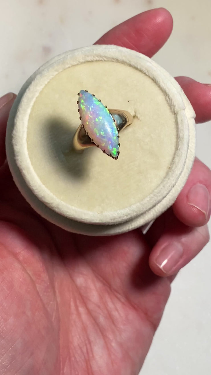 Victorian 10k Rose Gold 3.03 CT Fiery Marquise Opal Cabochon in Claw Prong Setting