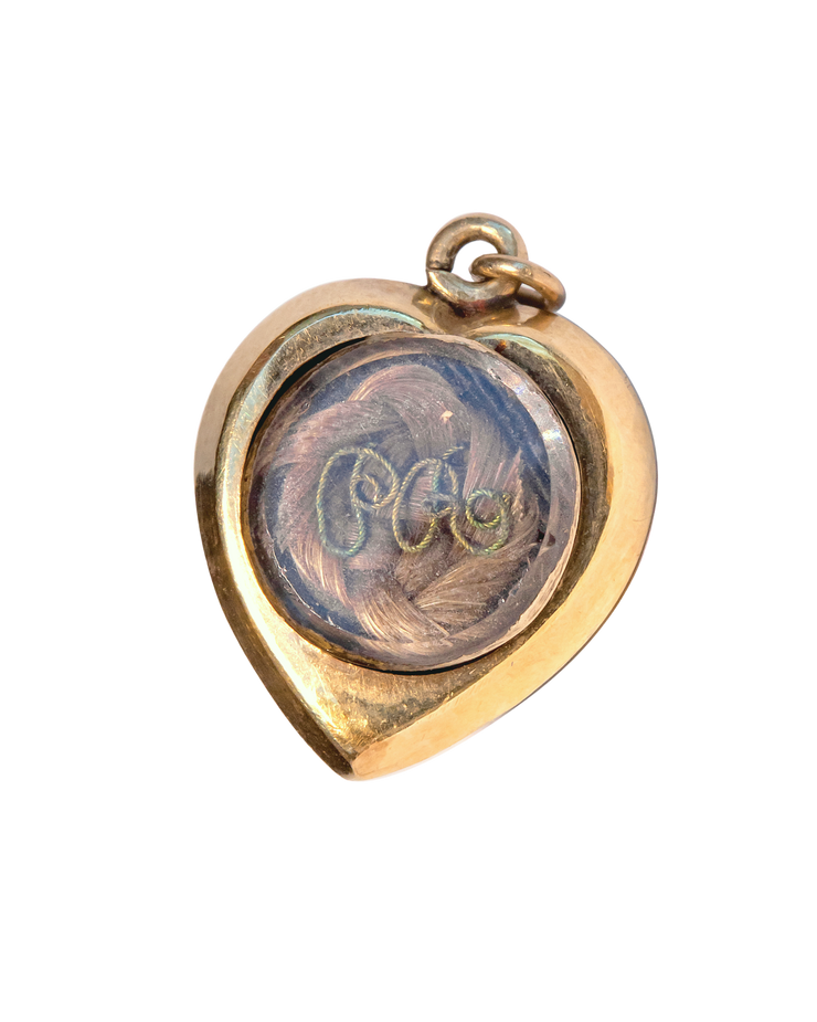 1830s 14k+ 0.90 CT Crystal Heart Charm with Glazed Hair Locket & Gold Wire Cypher
