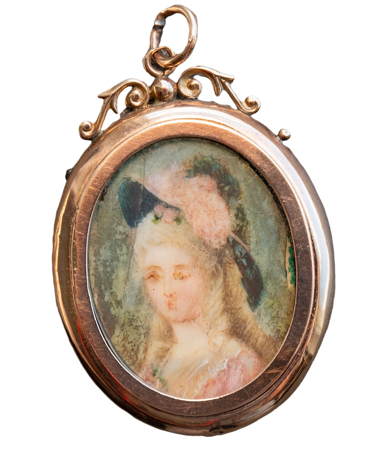 Georgian c.1785 Watercolor Portrait in Edwardian 9k Rose Gold Double Sided Locket