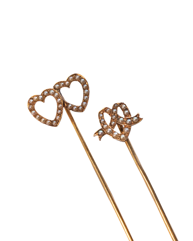 Pair of Antique 14k 0.41 CTW Seed Pearl Stick Pins with Sentimental Twin Heart & Lover&