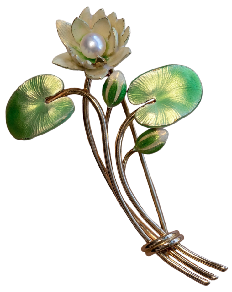 1930s 7.3g 14k 0.82 CT Pearl Enameled Water Lily Lotus Brooch by Krementz & Co.