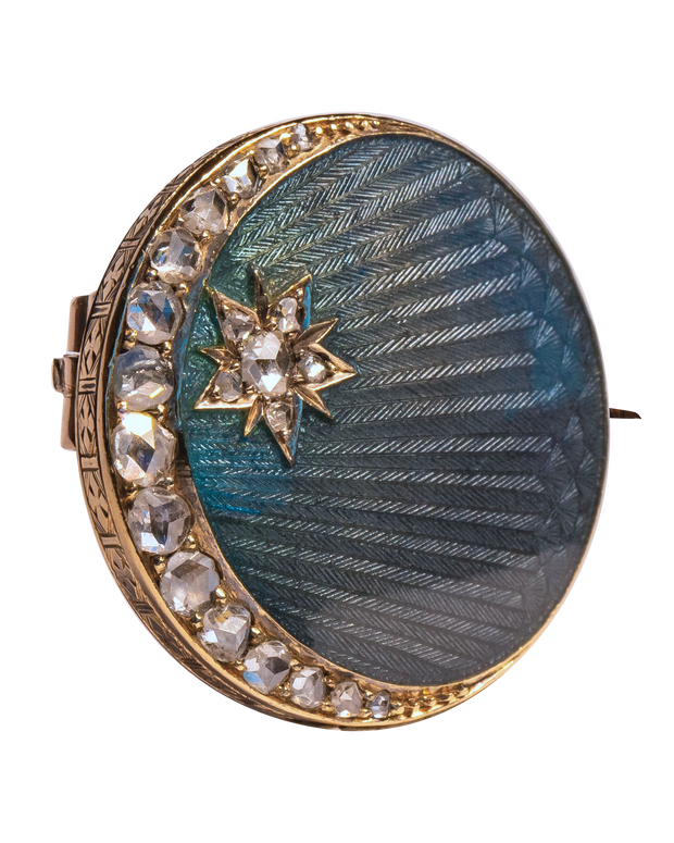 Victorian 18k 0.66 CTW Rose Cut Diamond Celestial Brooch with Guilloché Enamel & Engraved Bezel