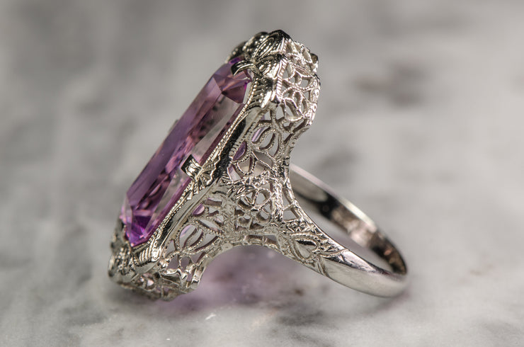 Art Deco 1930s 14k Rose de France Amethyst Filigree Ring by Belais Manufacturing Co.
