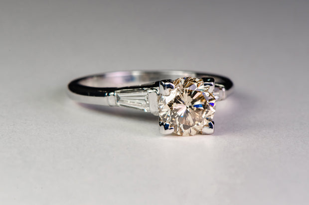 Mid Century 1.34 Very Light Champagne Diamond Solitaire Engagement Ring in 14k and Platinum