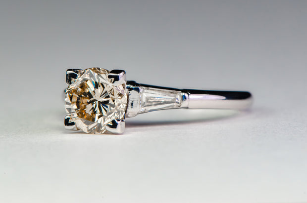 Mid Century 1.34 Very Light Champagne Diamond Solitaire Engagement Ring in 14k and Platinum