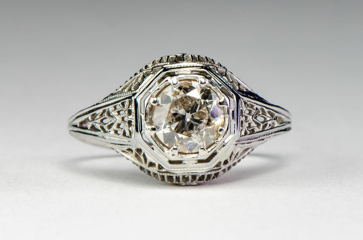 Edwardian 14k 0.96 CT Old European Cut Diamond Ring with Intricate Filigree Mount