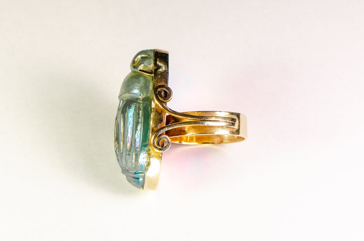 1900s Rare Egyptian Revival 14k 77.88 CT Favrile Glass Scarab Ring in the Tiffany Studios Style