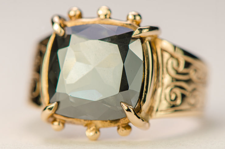 Georgian 9k 4.20 CT Modern Smokey Gray-Blue Moissanite Ring from Converted Mourning Ring Inscribed 1825