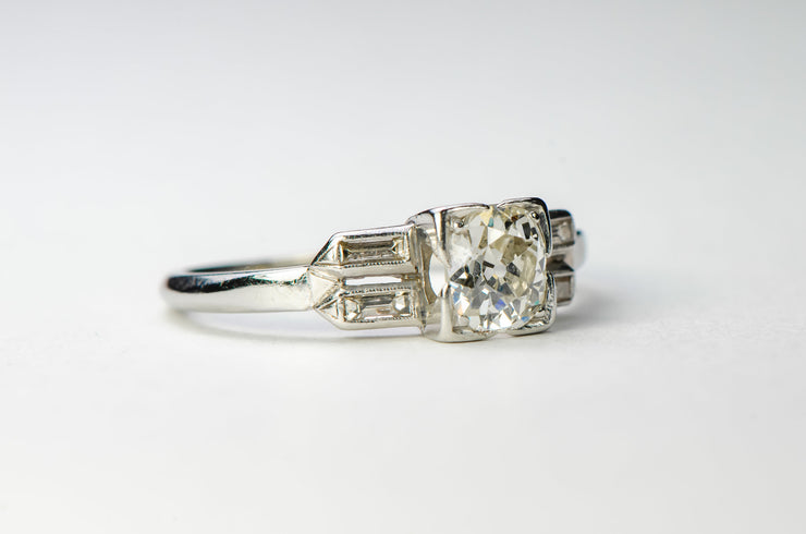 Late 1930s Palladium and 18k Old European Cut Diamond Engagement Ring with Geometric Baguette Accents