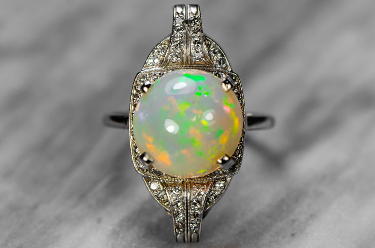 Rare Art Deco Opal and Diamond Conversion Ring with Repurposed Pavé Platinum Wrist Watch Case