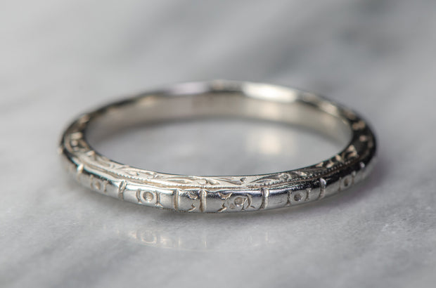 Art Deco 18k Hand-Engraved Orange Blossom Wedding Band with Scrolls, Blooms and Milgrain Details