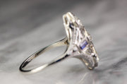 Edwardian 18k 0.91 CTW Old European Cut Diamond & Sapphire Shield Style Cocktail Ring with Greek Key Motif