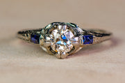Art Deco 14k 0.70 CTW Old European Diamond & French Cut Sapphire Engagement Ring by Trufit