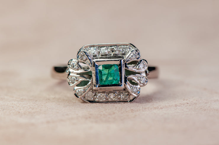 1940s 0.80 CTW Colombian Emerald & Diamond Palladium Ring and Earrings Demi-Parure