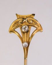 Art Nouveau 14k 0.04 CT Diamond & Lustrous Pearl Geometric Triangular Stick Pin