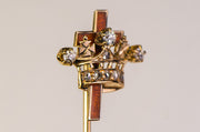 Victorian 14k 0.12 CTW Old Mine and Rose Cut Diamond Cross and Coronet Stick Pin with Guilloché Enameling