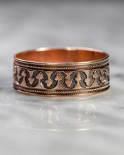 Victorian 9k Deep Rose Gold Cigar Band Ring with Interlocking "Club" Motif