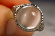Art Deco 10k 6.0 CT Cat's Eye Moonstone Statement Ring with Pierced Geometric Foliate Setting