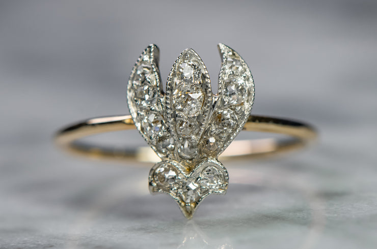 Victorian 0.34 CTW Old Mine Cut Diamond Delicate Lotus Blossom Ring in 14k, 10k Two Tone Gold