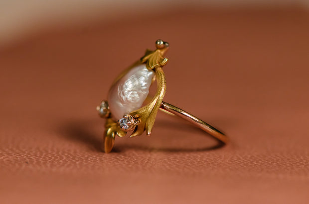 Art Nouveau 10k 2.46 CTW Pink Baroque Pearl Ring in Lotus Foliate Setting with Moissanite Accents