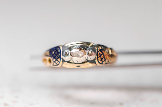 Georgian 14k Rose Cut Collet Set Diamond Blue Enamel Snake Ring