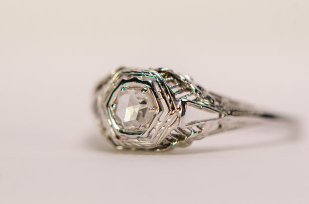 Art Deco 18k Rose Cut Diamond Ring in Hexagonal Domed Floral Openwork Filigree Mount