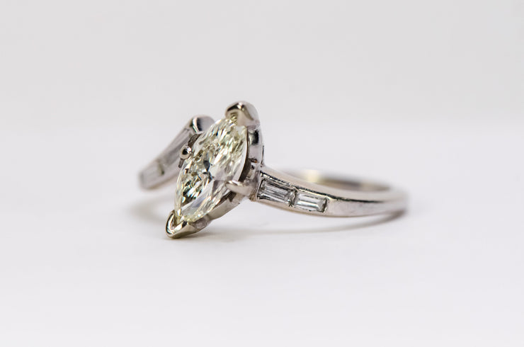Vintage 14k 0.86 CTW Marquise Baguette Diamond Engagement Ring in the Modern Classic Bypass Style