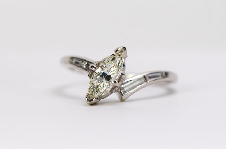 Vintage 14k 0.86 CTW Marquise Baguette Diamond Engagement Ring in the Modern Classic Bypass Style