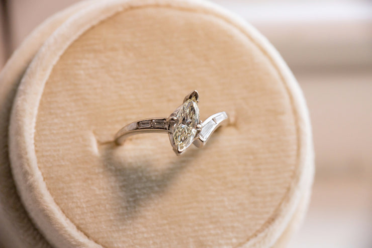 Vintage 14k 0.86 CTW Marquise Baguette Diamond Engagement Ring in the Modern Classic Bypass Style