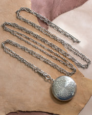 Victorian 71" Hand Wrought Sterling Paperclip Fancy Link Chain with 800 Silver Dog Clip & Engine Turned Pill Box Pendant