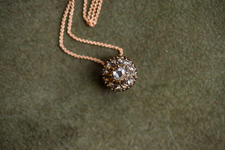 Georgian 14k Rose Gold 0.55 CTW Rose Cut Diamond Cluster Pinched Collet Set Pendant Necklace