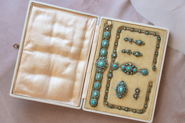 1870s Austro Hungarian 45.34 CTW Persian Turquoise & Baroque Pearl 5-Piece Gilt Silver Parure in Fitted Box by Karl Tauböck