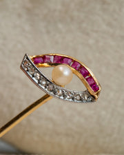 1900s 18k & Platinum 0.38 CTW Carré Cut Ruby, Rose Cut Diamond and Button Pearl Evil Eye Stick Pin
